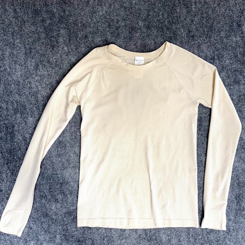 Athleta Momentum Seamless Top Womens M Cream Silver Metallic Stripe Raglan